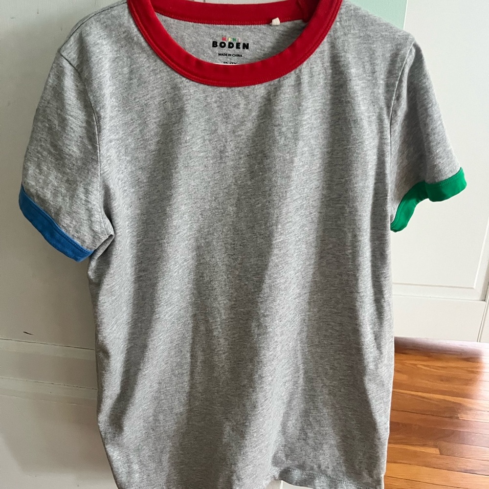 Mini Boden Gray Tee with Red, Blue, and Green Trim